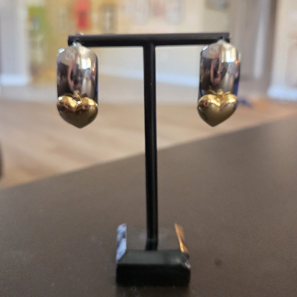 Gold Heart Silver Tone Modernist Hoop Earrings Statement Jewelry‎